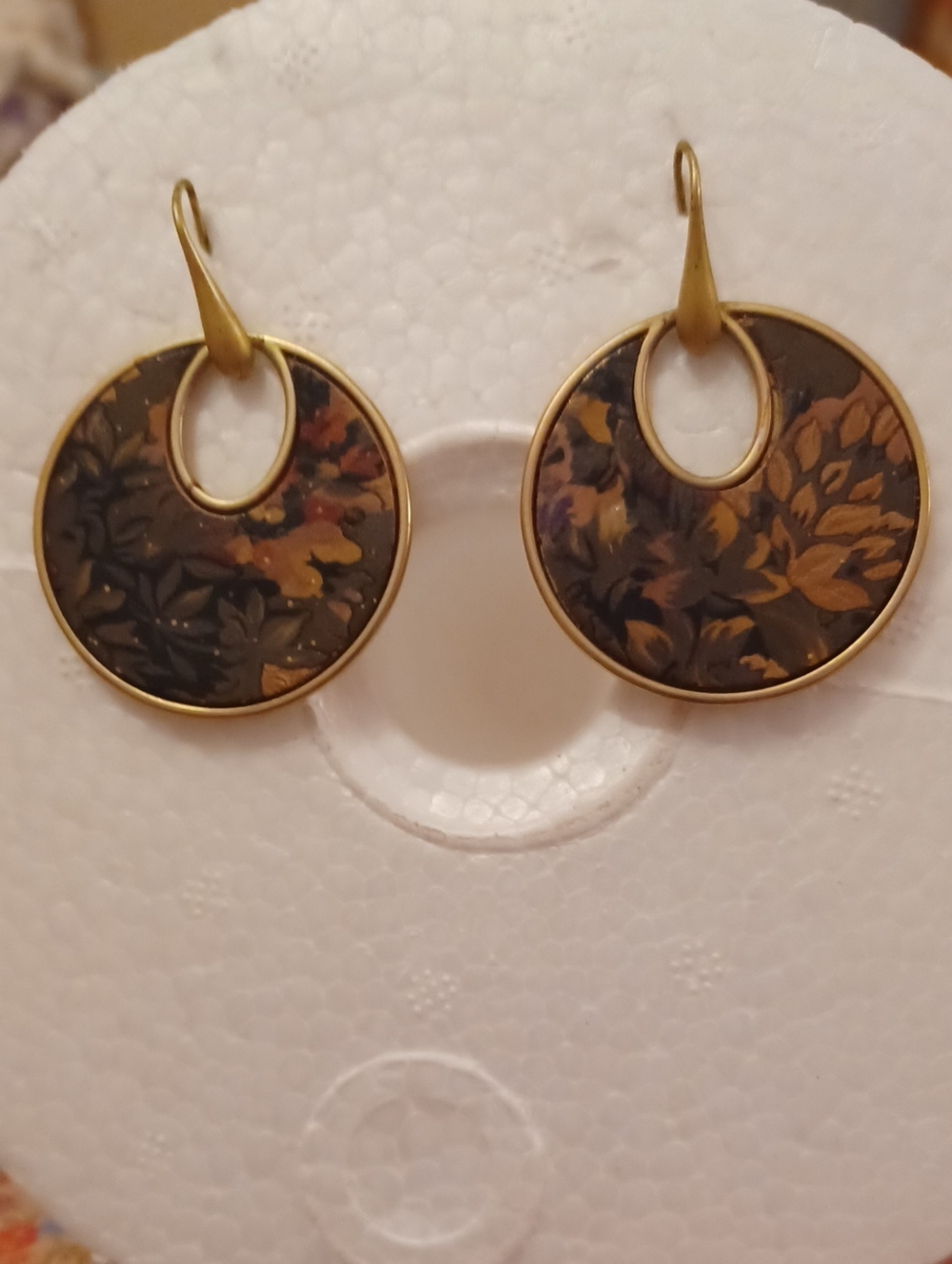 Patricia Nash Gold-Tone Floral Disc Drop Earrings with Brown and Black Enamel